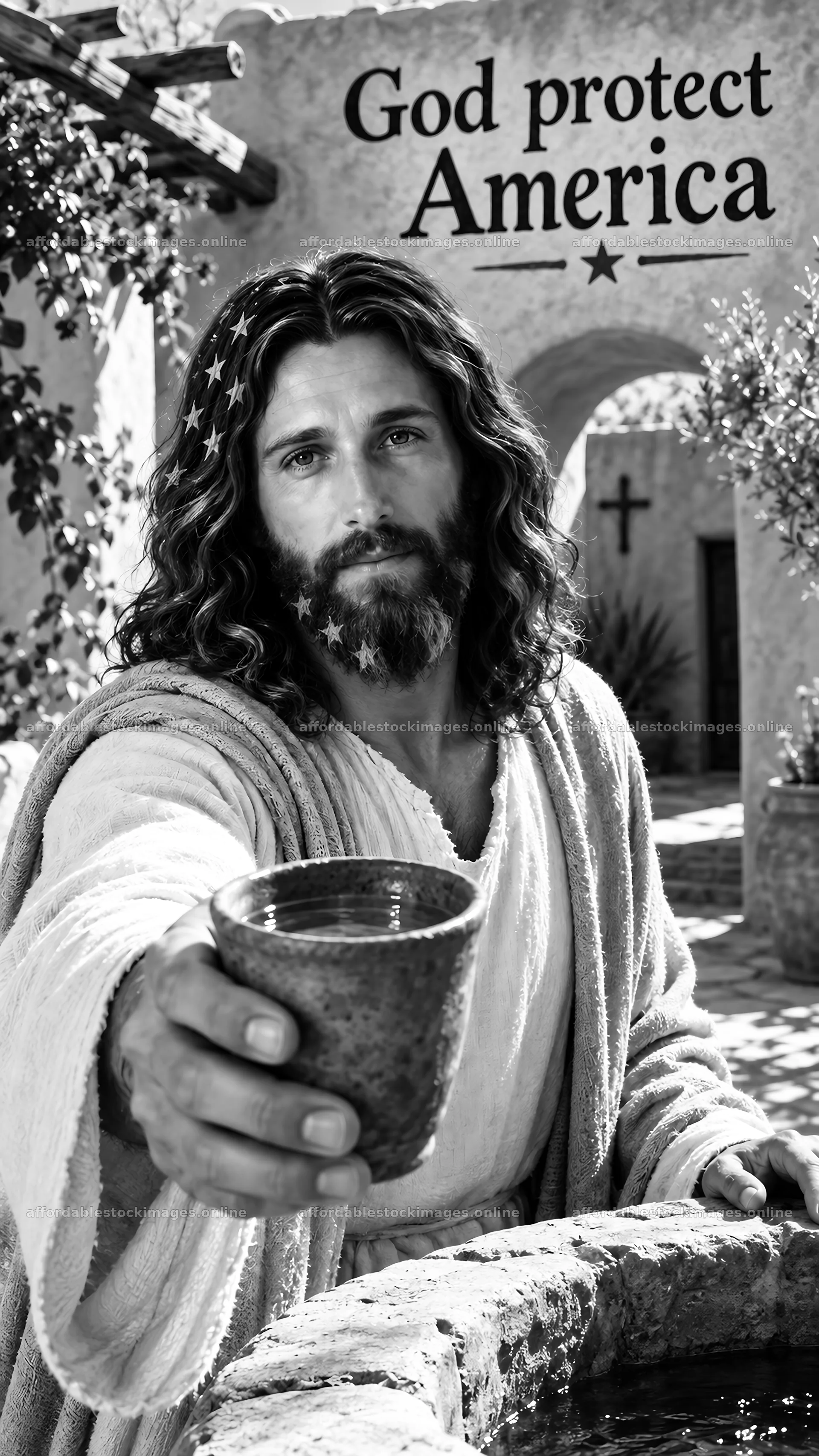 Jesus Christ offers a drink in a contemporary setting – stock images 5811x10326