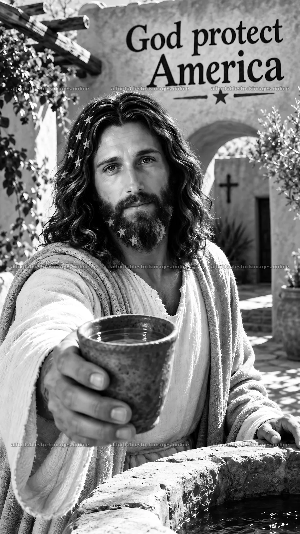 Jesus Christ offers a drink in a contemporary setting – stock images 5811x10326