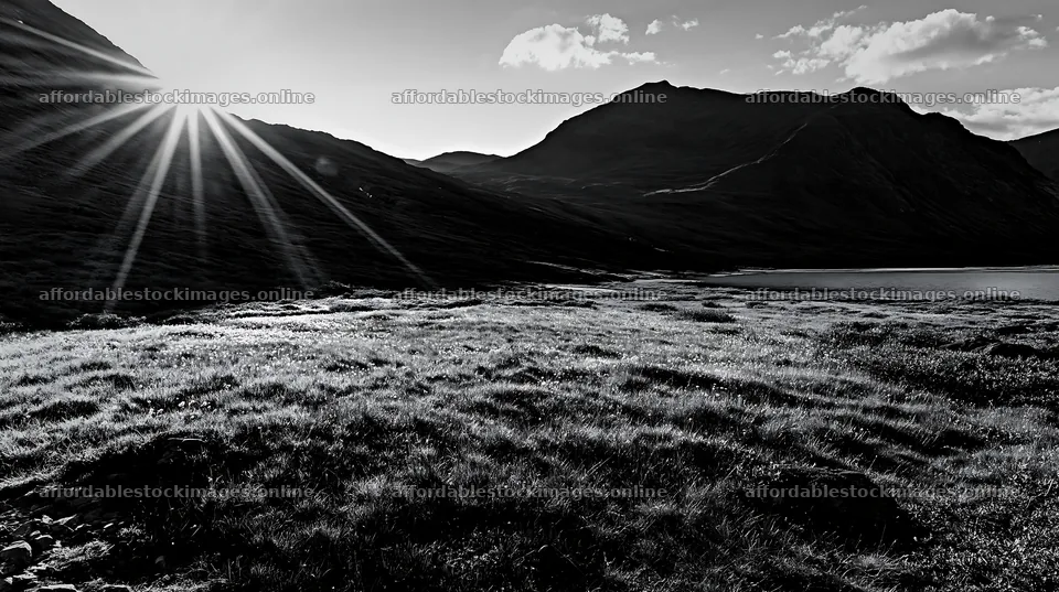 Sunbeams shining over Jotunheimen valley meadow in Norway – stock images 10608x5938