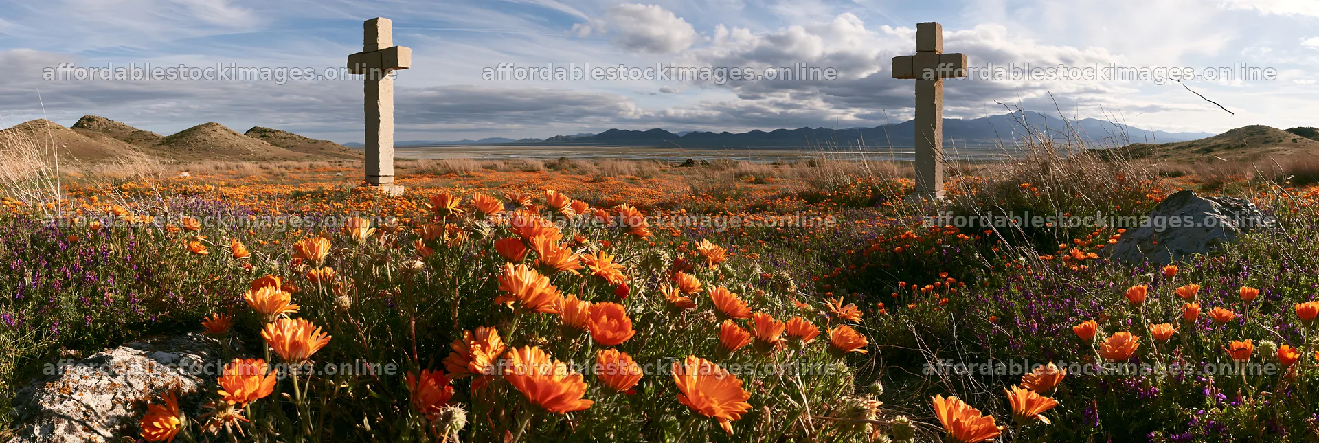 Christian crosses near thermal spring meadow in nature – stock images 13690x4602
