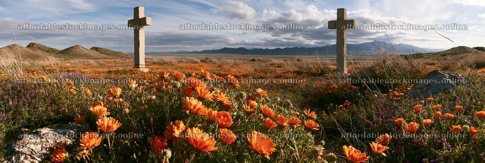 Christian crosses near thermal spring meadow in nature – stock images 13690x4602