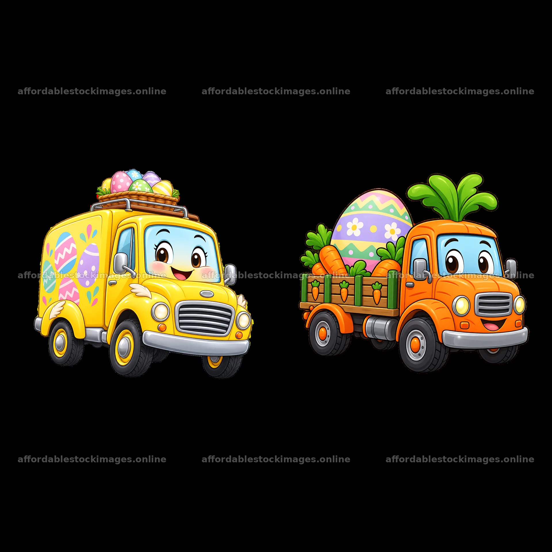 Easter trucks with colorful eggs and carrots for celebration – stock images 7746x7746