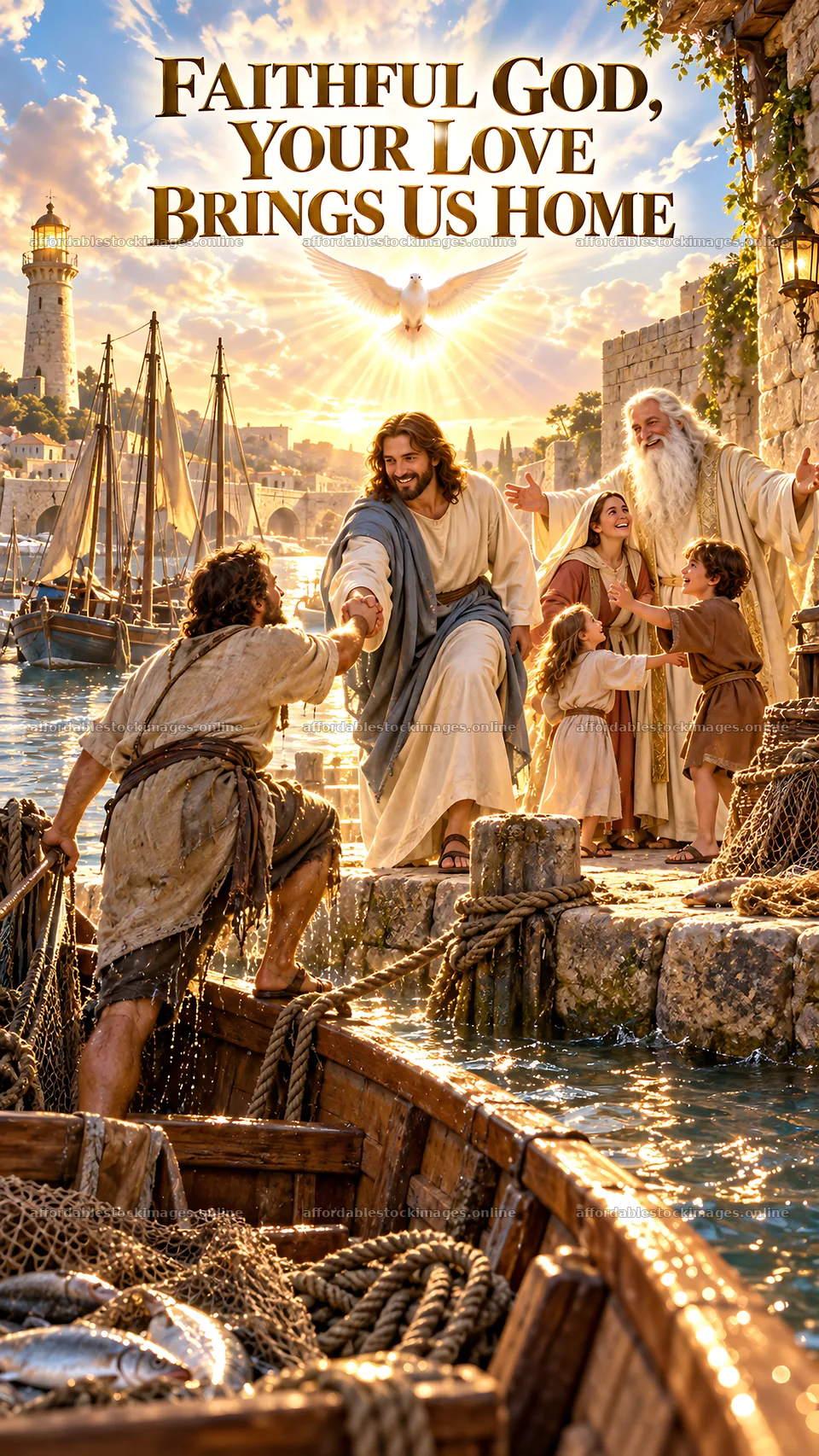 Jesus Christ welcoming individuals at a seaside village – stock images 5811x10326