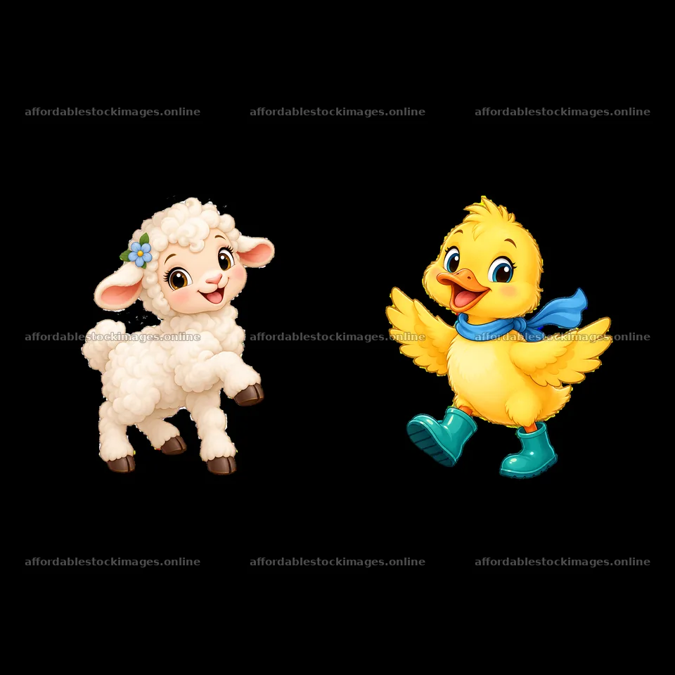 Cute cartoon lamb and duckling in a farm setting – stock images 7746x7746