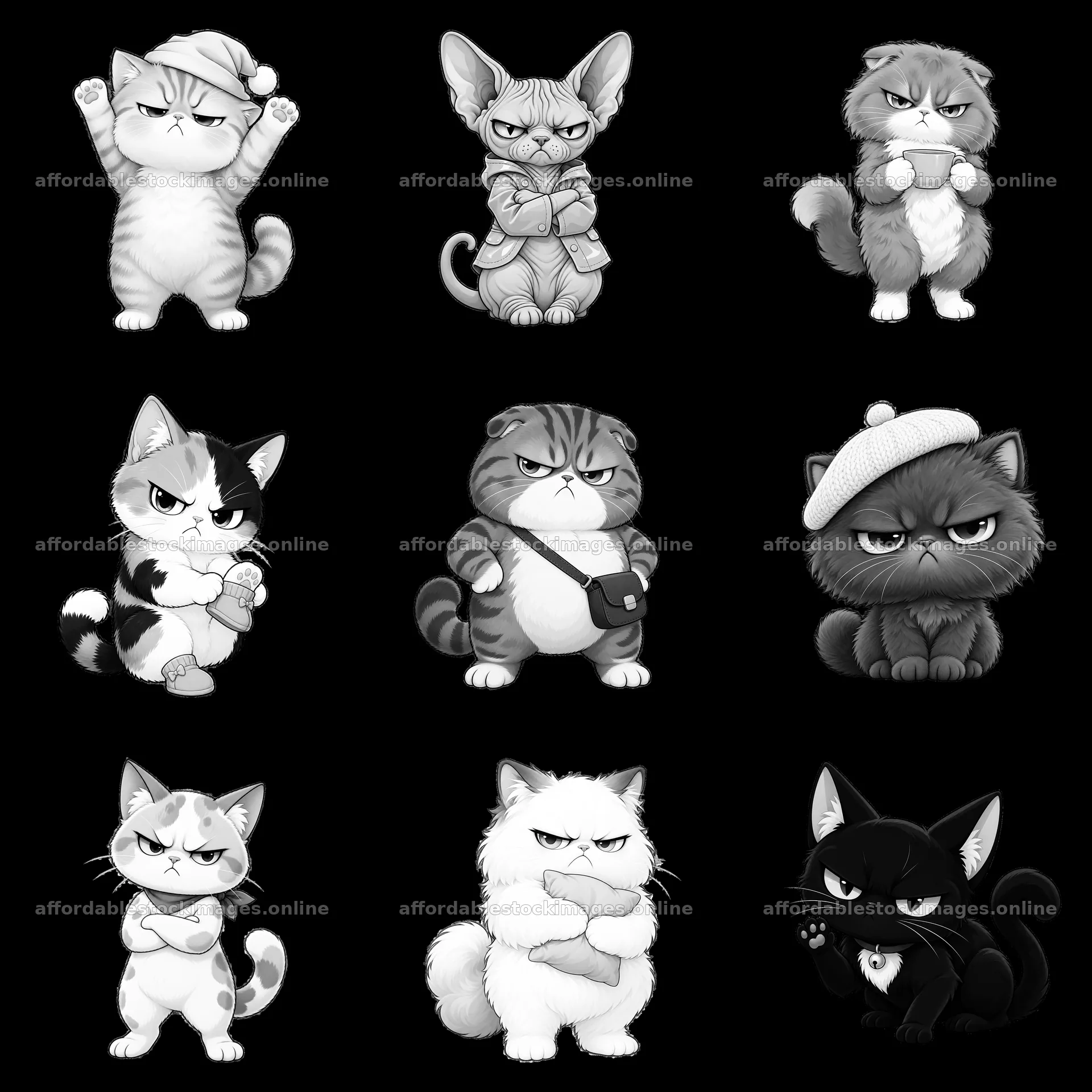Kawaii grumpy cats in different poses and expressions – stock images 7746x7746