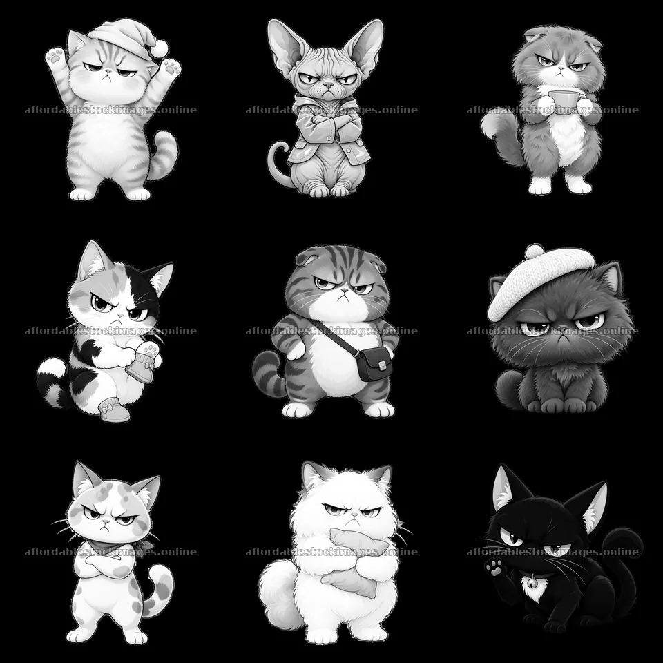 Kawaii grumpy cats in different poses and expressions – stock images 7746x7746
