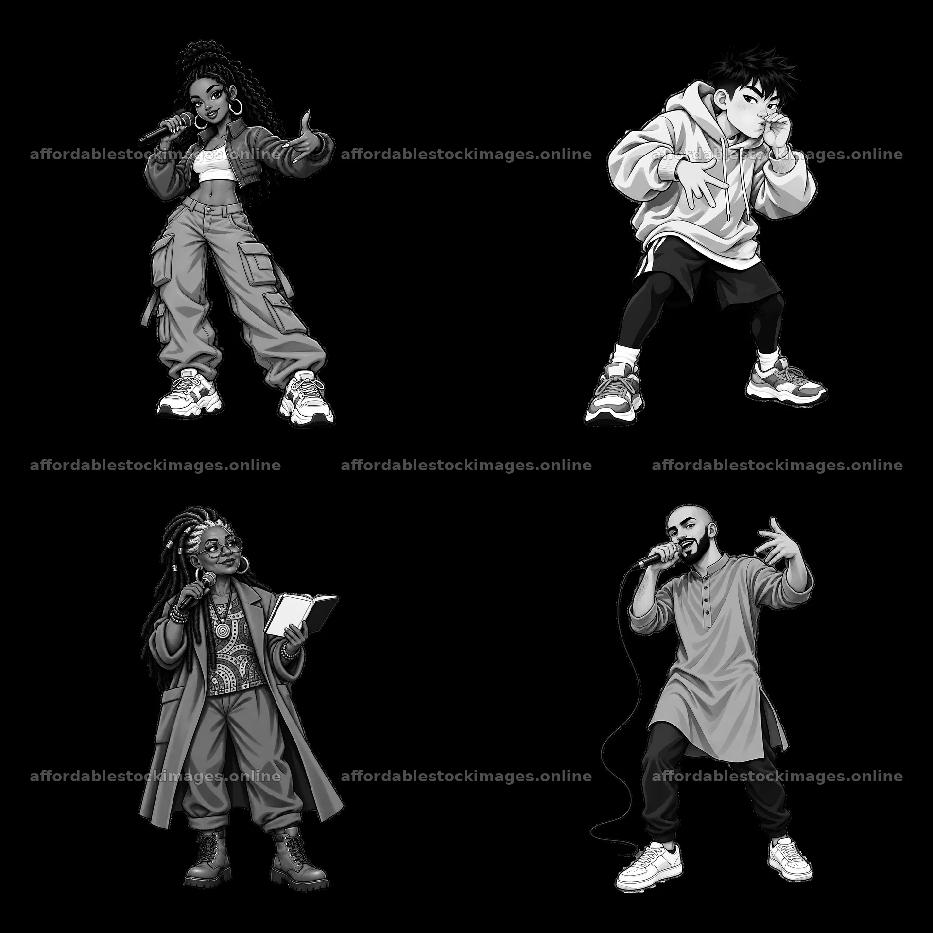Hip-hop artists performing in a 2x2 arrangement of stickers – stock images 7746x7746