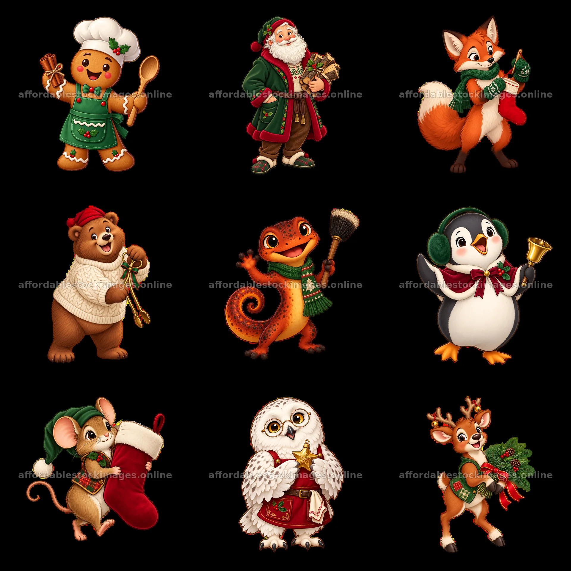 Fun and festive cartoon animals celebrating Christmas together – stock images 7746x7746