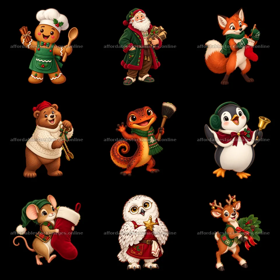 Fun and festive cartoon animals celebrating Christmas together – stock images 7746x7746