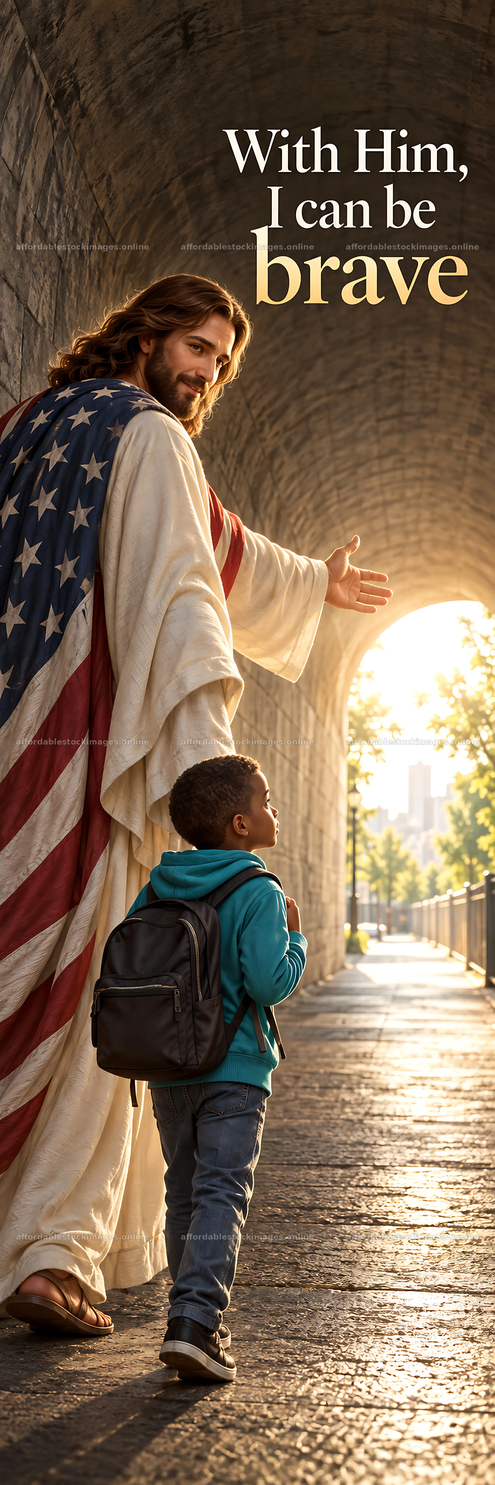 Jesus Christ guiding a child through a lighted pathway – stock images 4472x13417