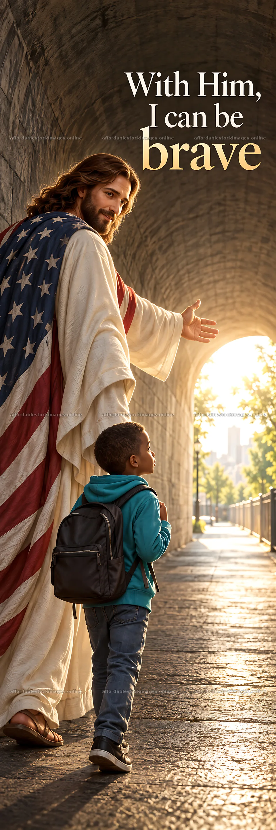 Jesus Christ guiding a child through a lighted pathway – stock images 4472x13417