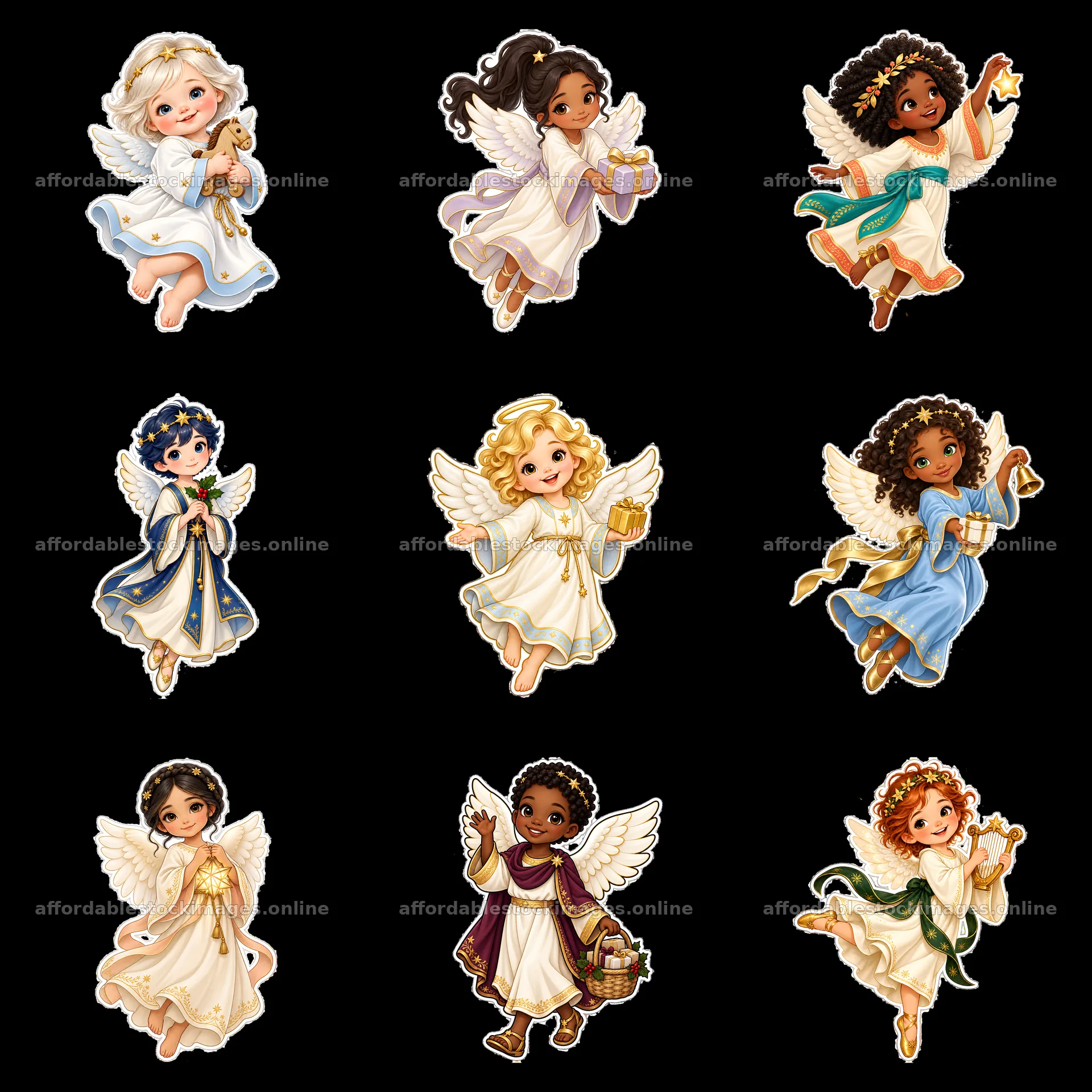 Christ Child figures as Christmas gift-bringers in a 3x3 grid – stock images 7746x7746