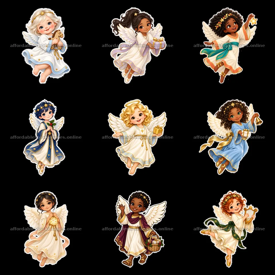 Christ Child figures as Christmas gift-bringers in a 3x3 grid – stock images 7746x7746
