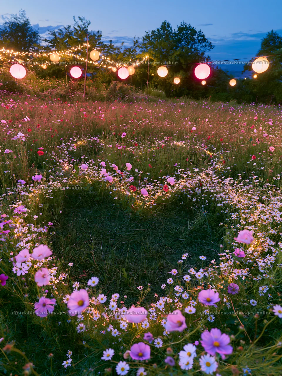 Vibrant Christmas lanterns light up a meadow under twilight sky – stock images 6866x9174