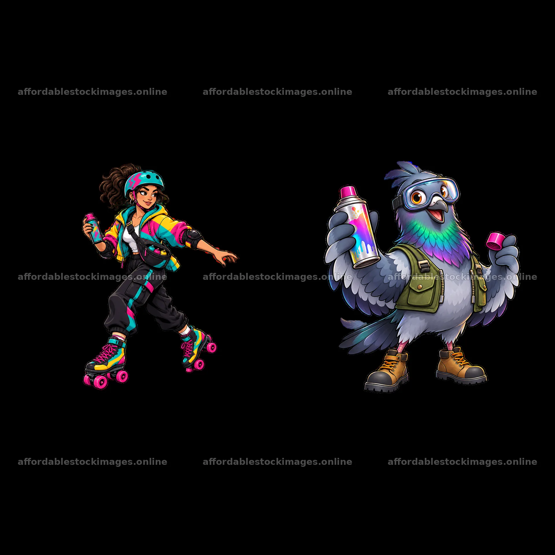 Graffiti sprayer roller skater and cartoon bird with spray cans – stock images 7746x7746
