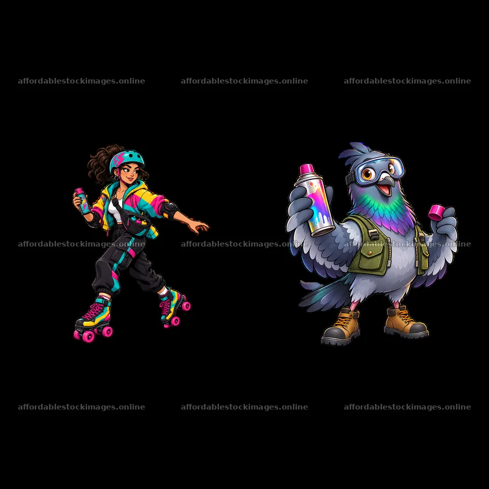Graffiti sprayer roller skater and cartoon bird with spray cans – stock images 7746x7746