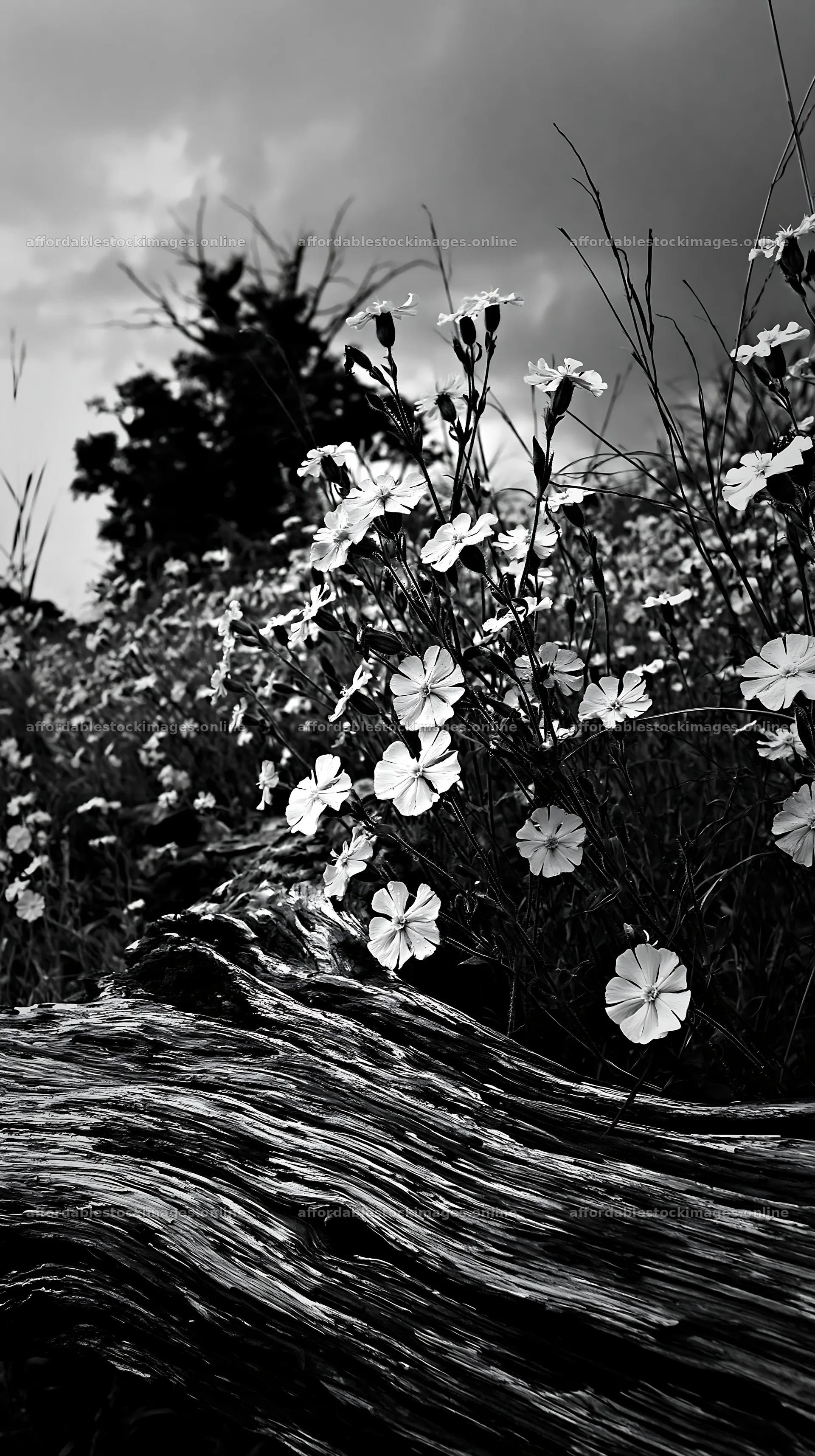 Chiba coastal climate meadow with driftwood and flowers – stock images 5938x10608