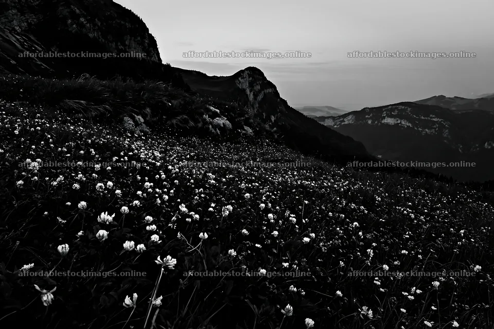 Clover speedwell meadow in black and white at dusk – stock images 9722x6480