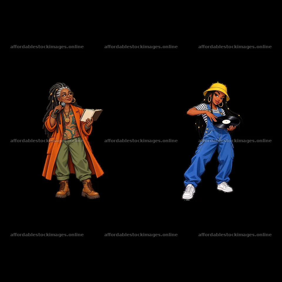 Hip-hop artists with vinyl and book in stylish outfits – stock images 7746x7746