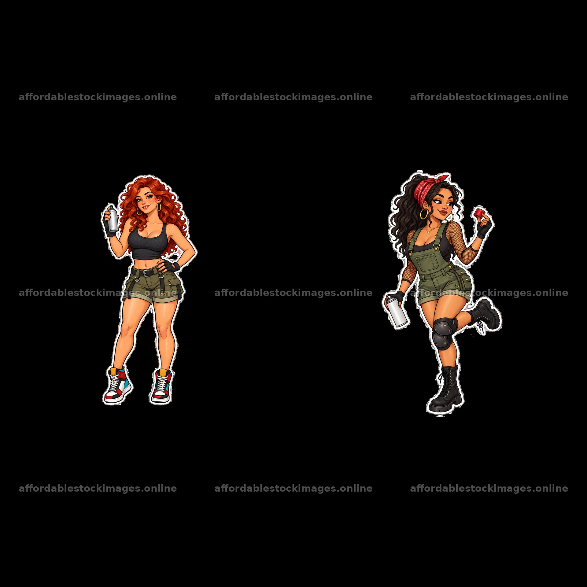 Sexy female graffiti sprayer duo with spray cans in urban style – stock images 7746x7746