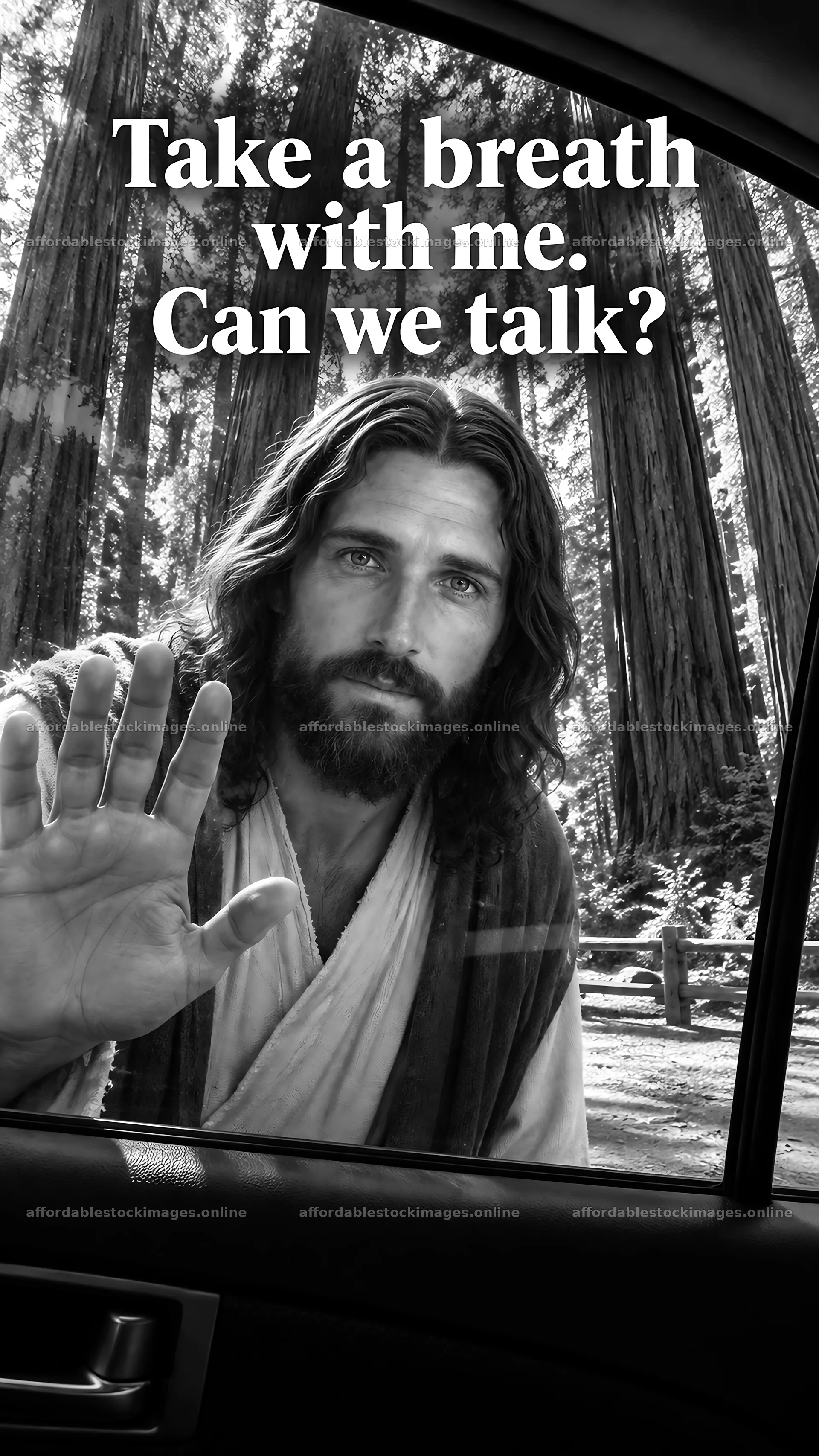 Jesus Christ inviting conversation through car window – stock images 5811x10326