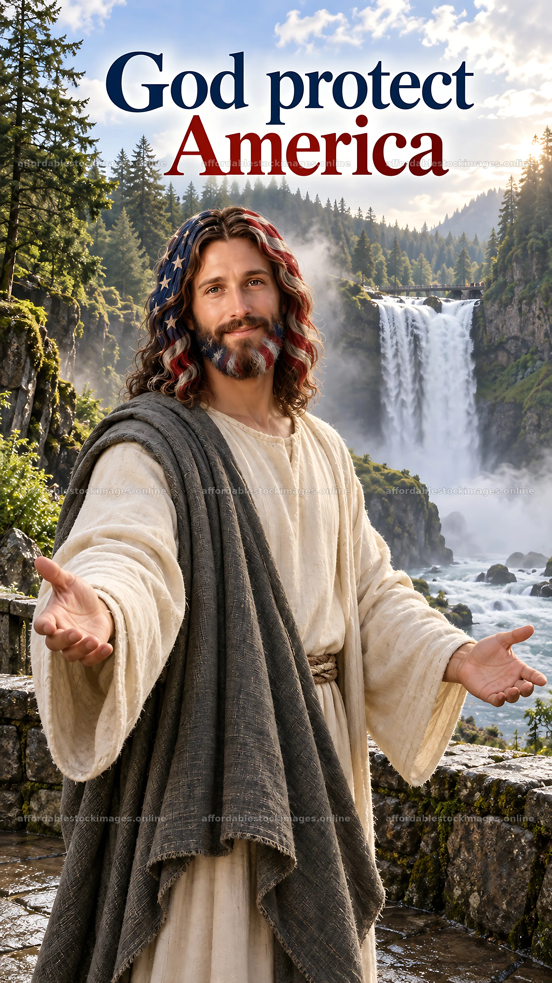 Jesus Christ welcoming viewers in a scenic natural setting – stock images 5808x10331