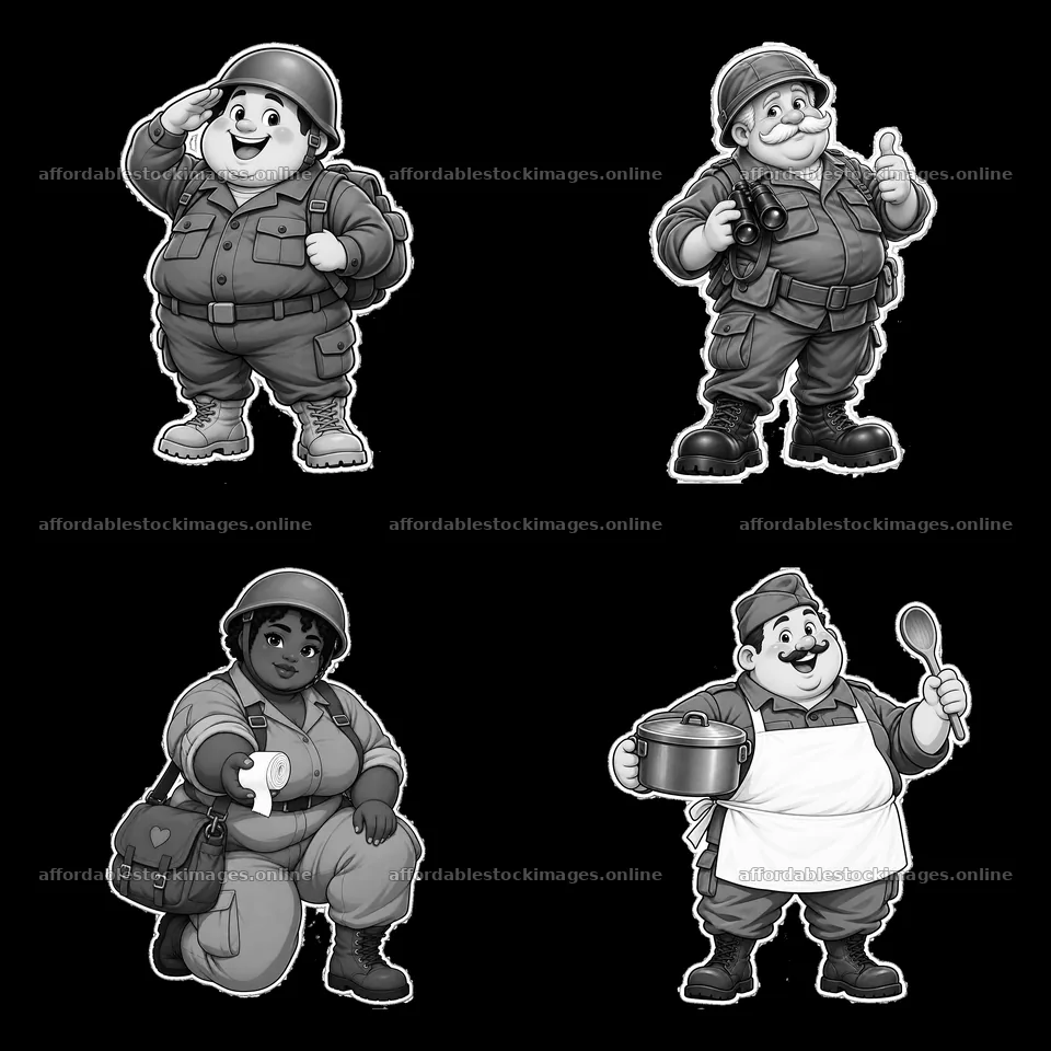 Cute ultra-chubby soldiers engaged in various activities – stock images 7746x7746