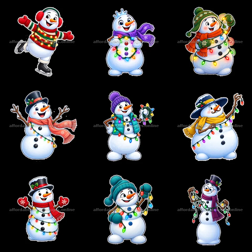 Snowmen with string lights in a festive 3x3 grid layout – stock images 7746x7746