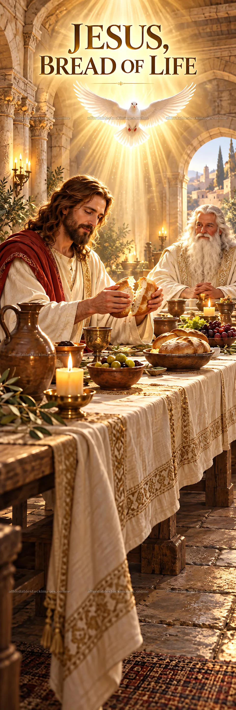 Jesus Christ sharing a meal with followers – stock images 4472x13417