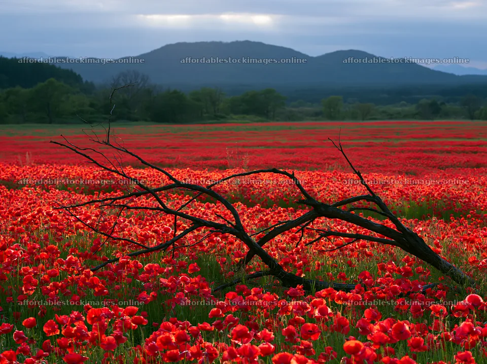 Yamagata rewilded meadow fallen branch in bright poppy field – stock images 9174x6866