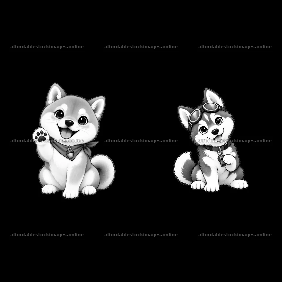 Two cute K-9 dogs waving and sitting with accessories – stock images 7746x7746