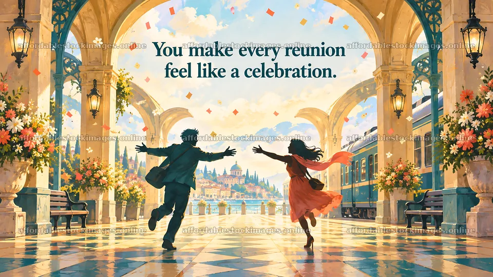 Romantic Reunion Greeting at a Train Station – stock images 10324x5812