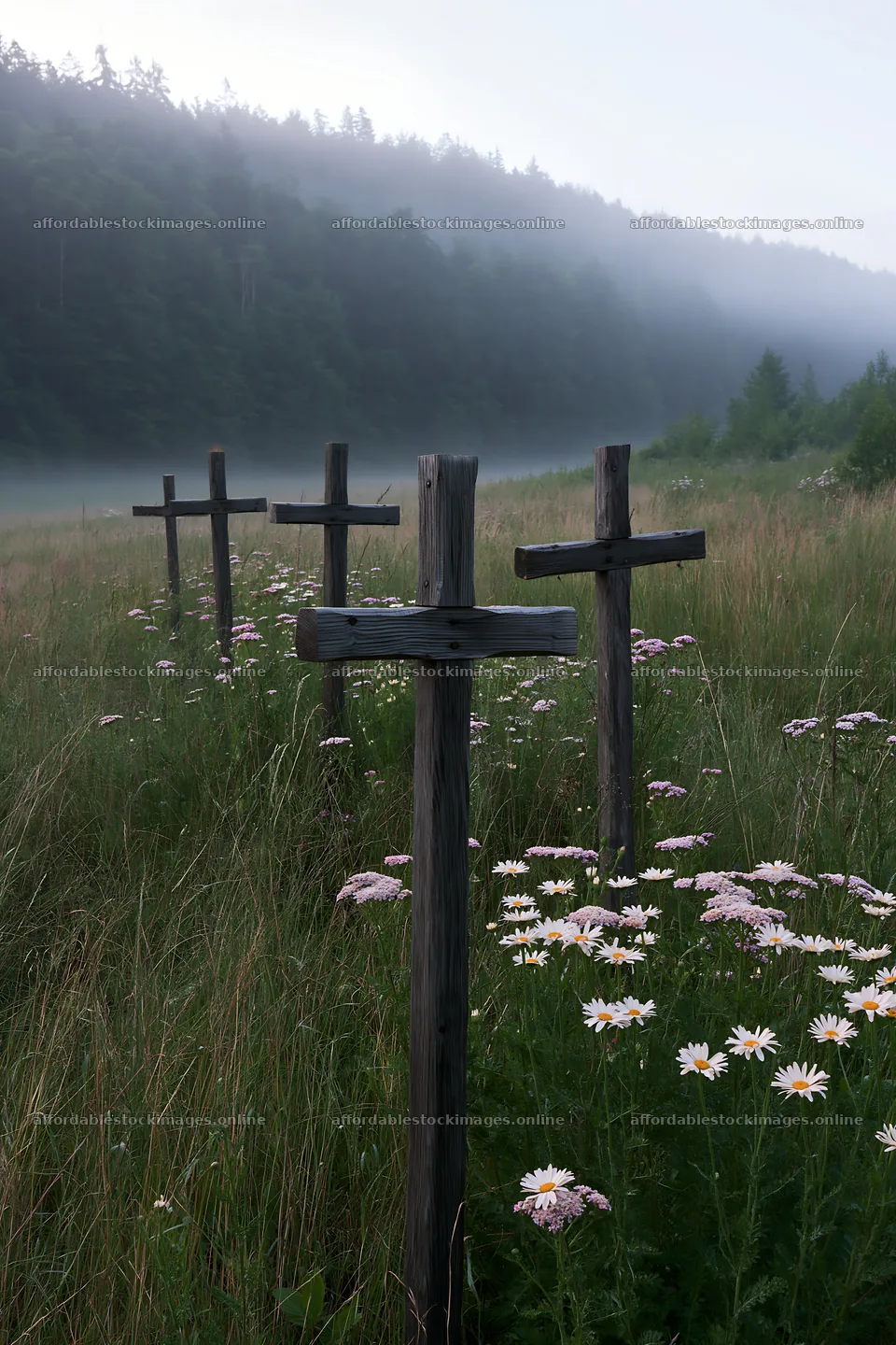 Christian crosses in meadow with flowers at dawn – stock images 6480x9722