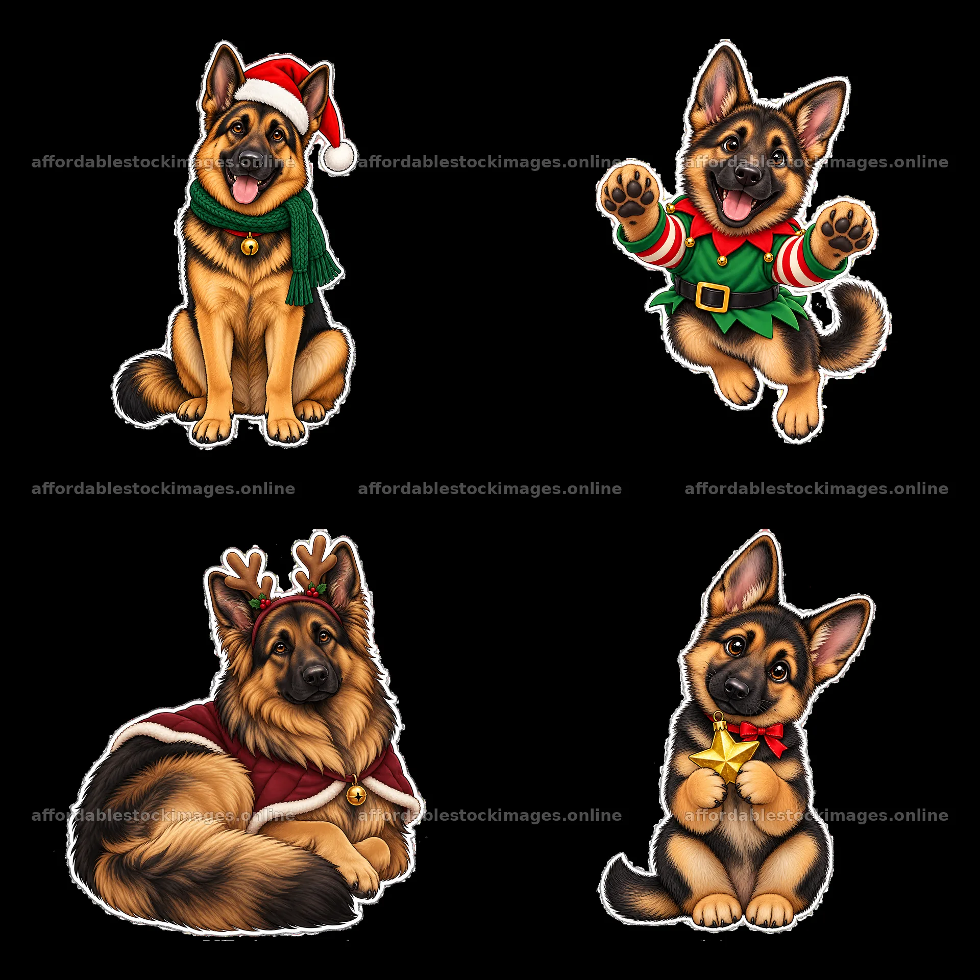 Christmas German Shepherds in festive outfits and poses – stock images 7746x7746