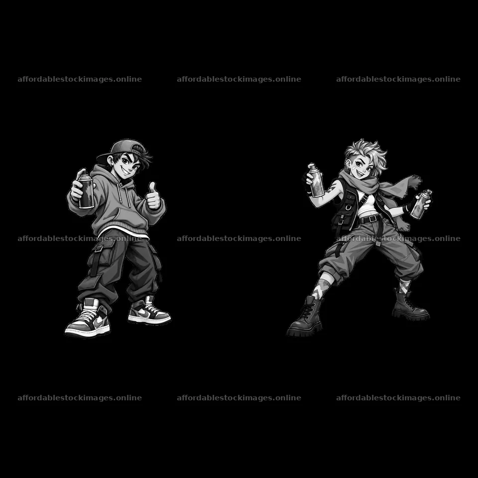 Cool graffiti sprayer characters in black and white illustration – stock images 7746x7746