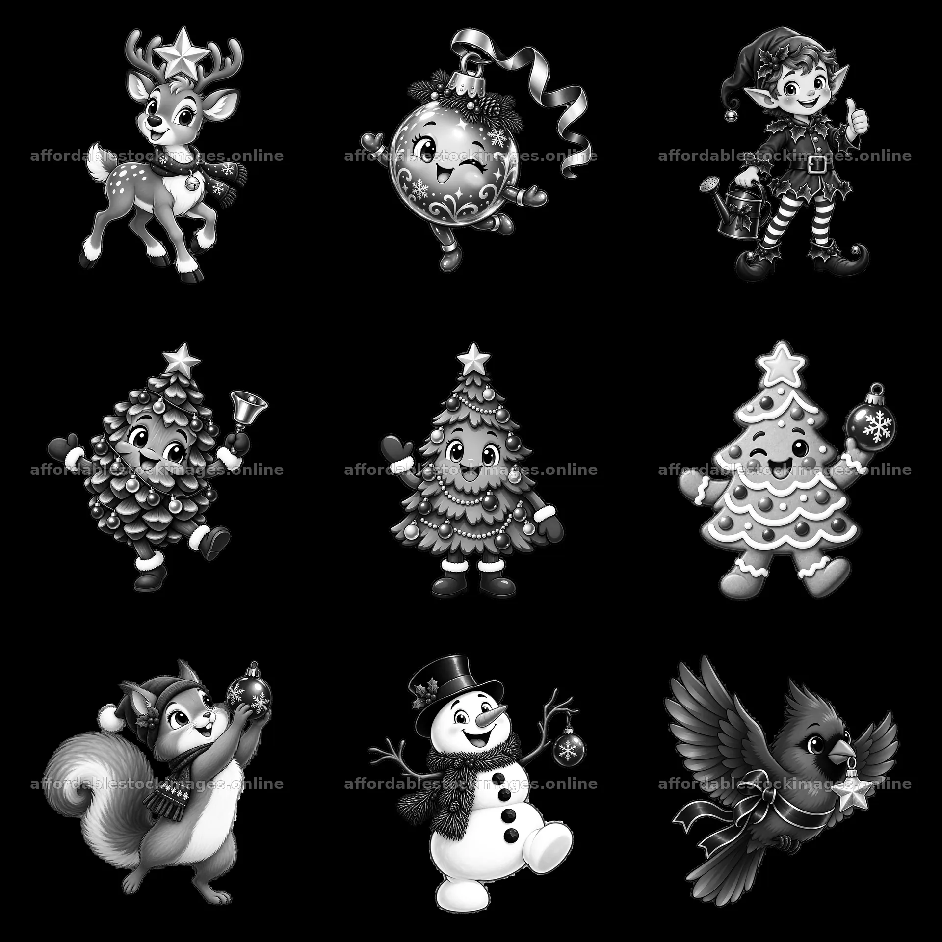 Christmas tree celebration with characters in a 3x3 layout – stock images 7746x7746