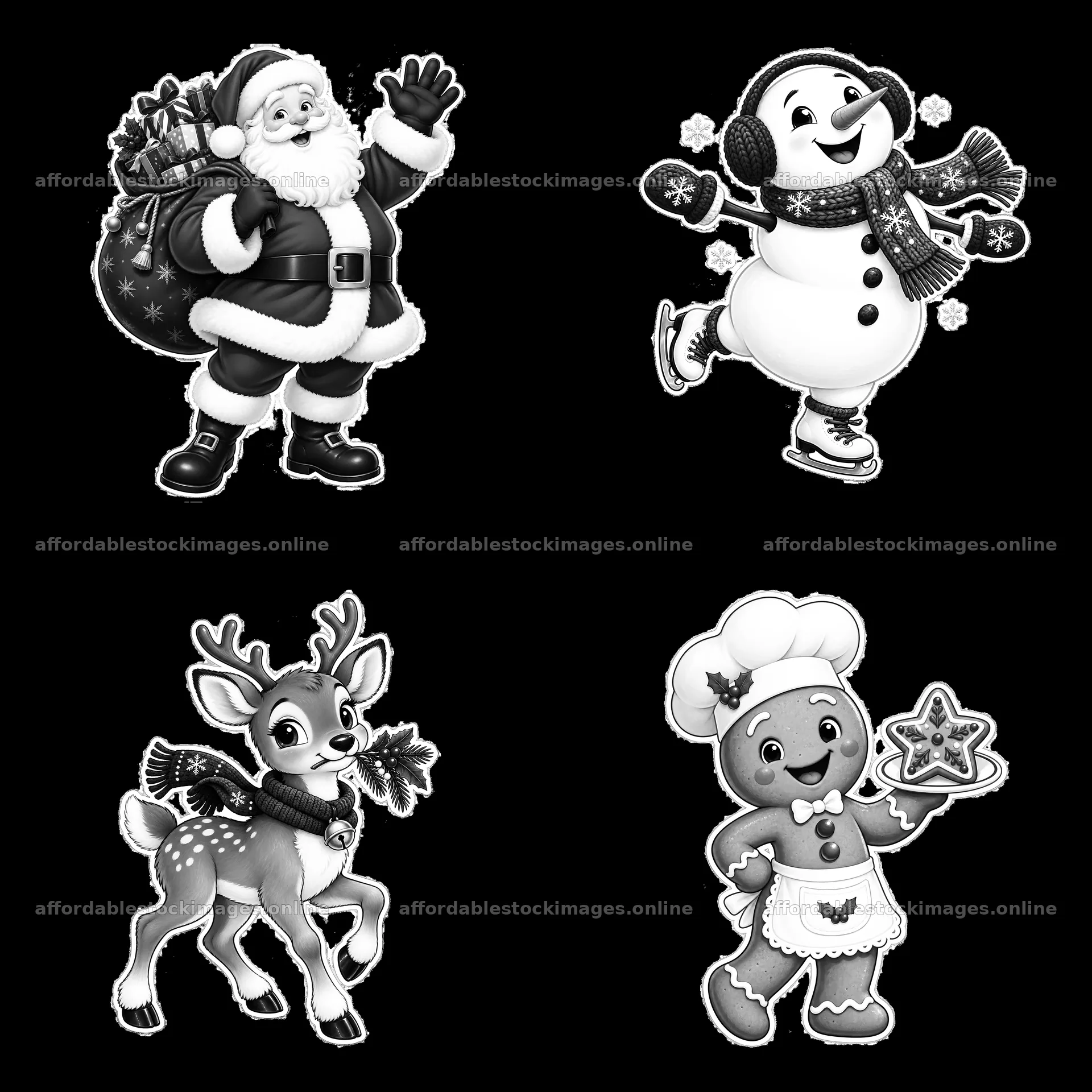 Monochrome four cartoon figure stickers in a square arrangement – stock images 7746x7746