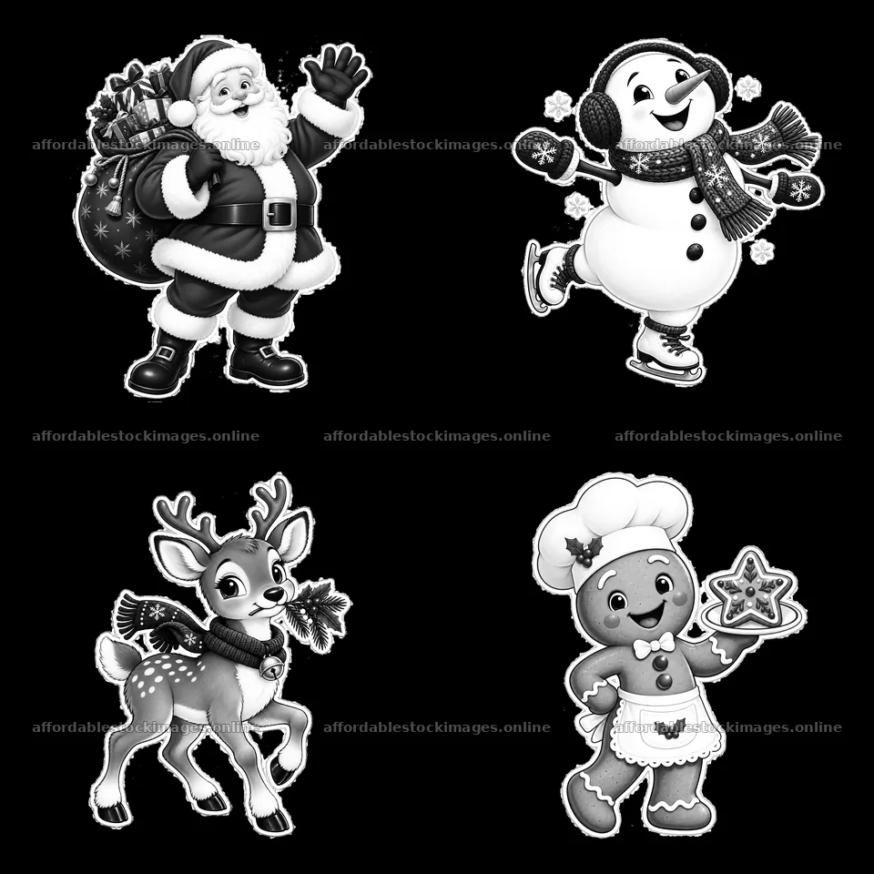 Monochrome four cartoon figure stickers in a square arrangement – stock images 7746x7746