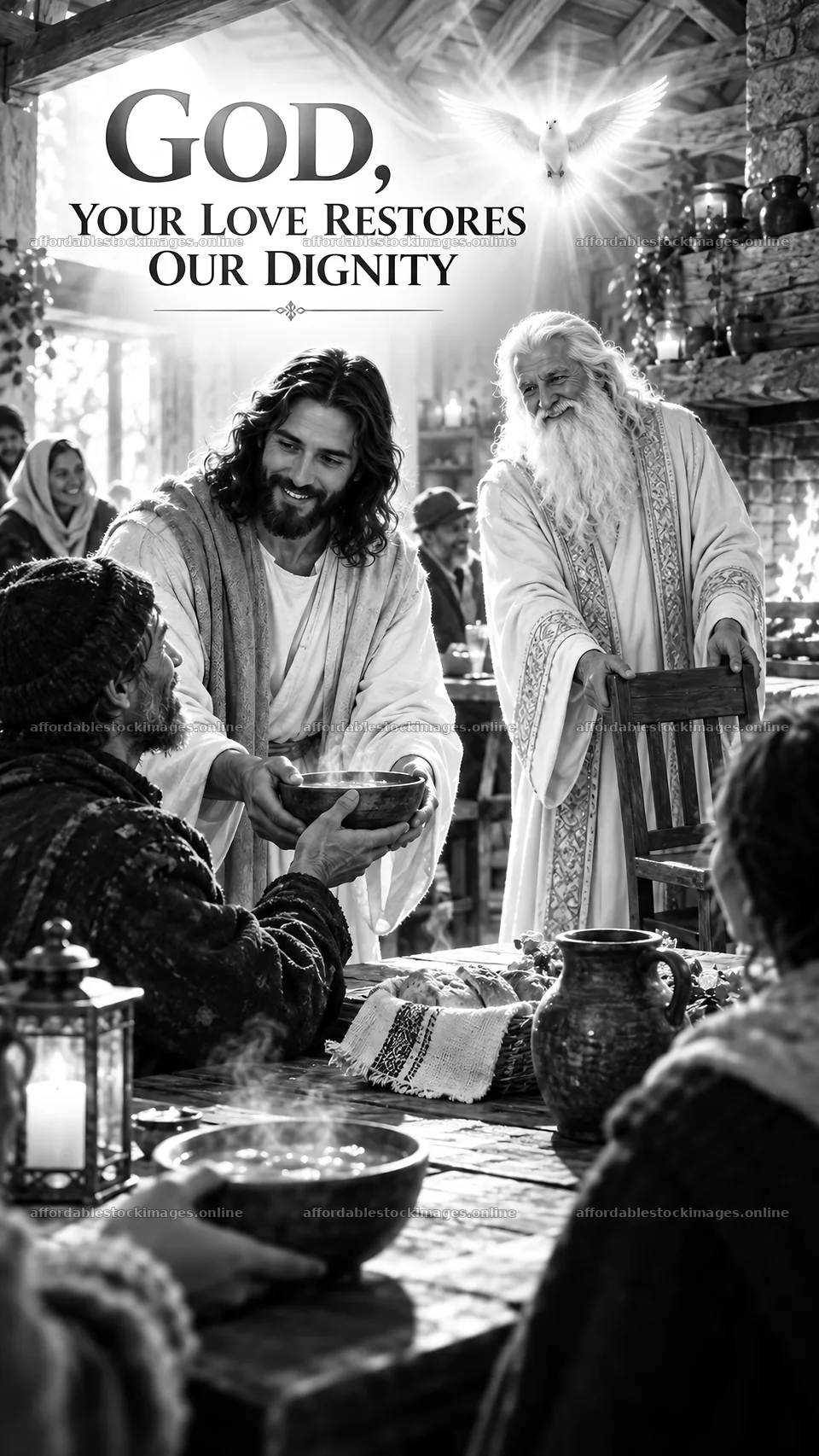 Jesus Christ sharing a meal with followers in a communal setting – stock images 5811x10326