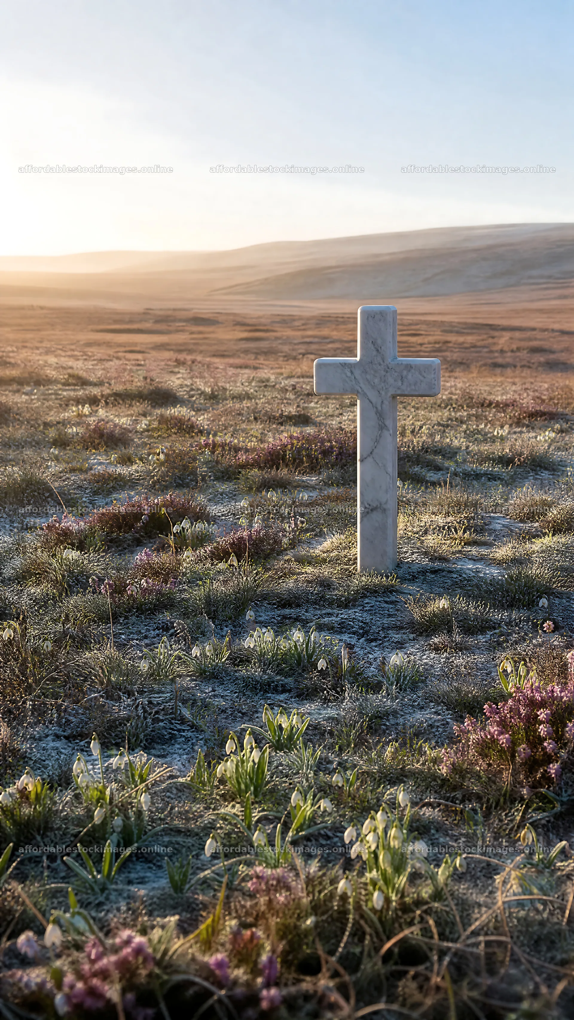 Christian cross in a winter meadow during low sunlight – stock images 5952x10584