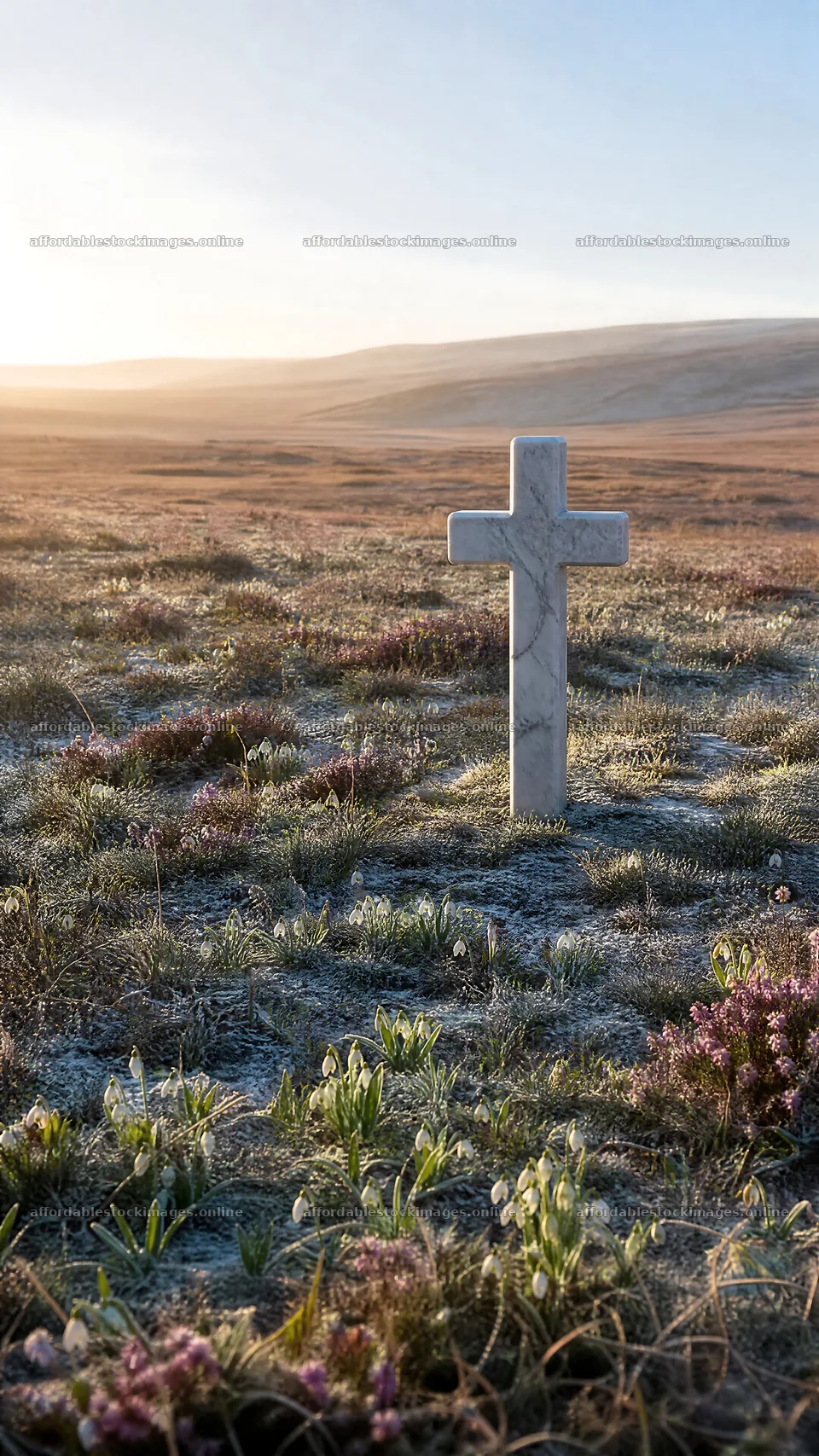 Christian cross in a winter meadow during low sunlight – stock images 5952x10584