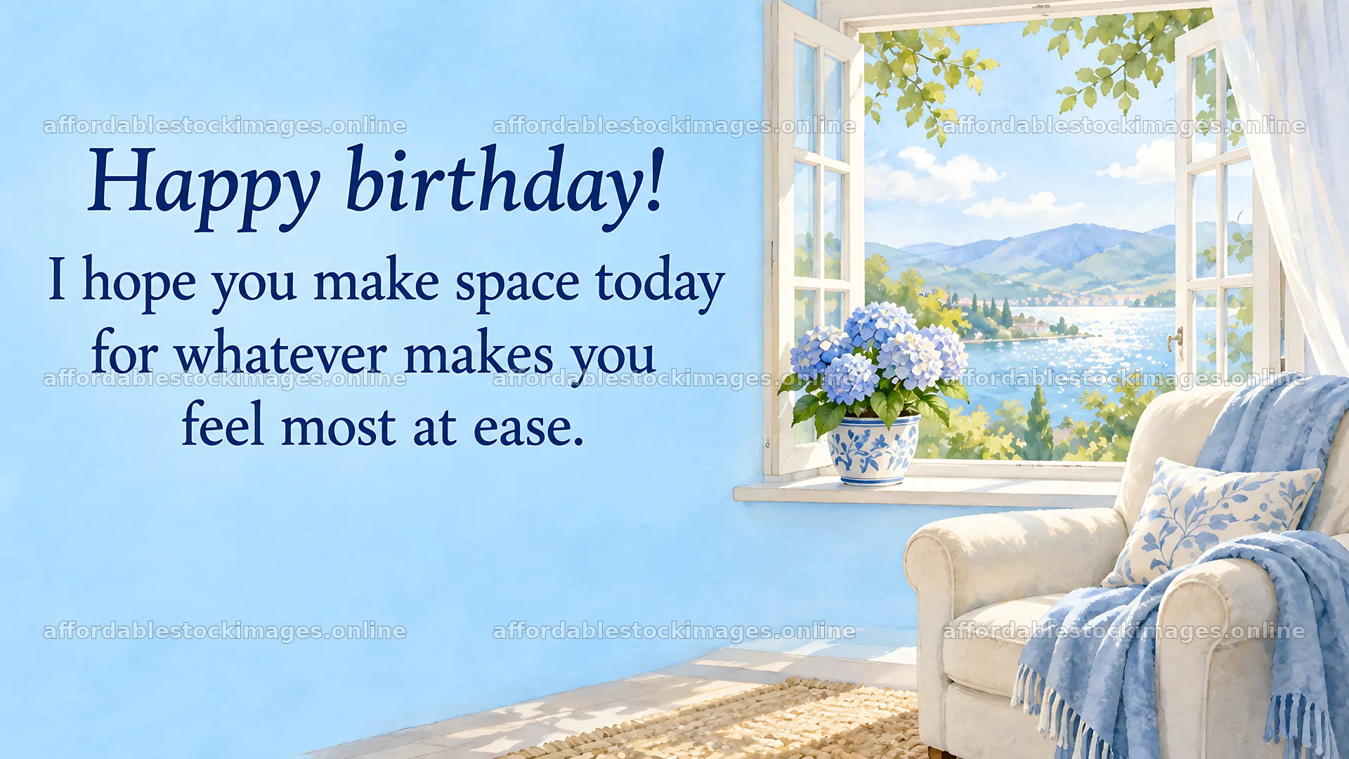 Illustrated birthday greeting in a sunlit room – stock images 10324x5812