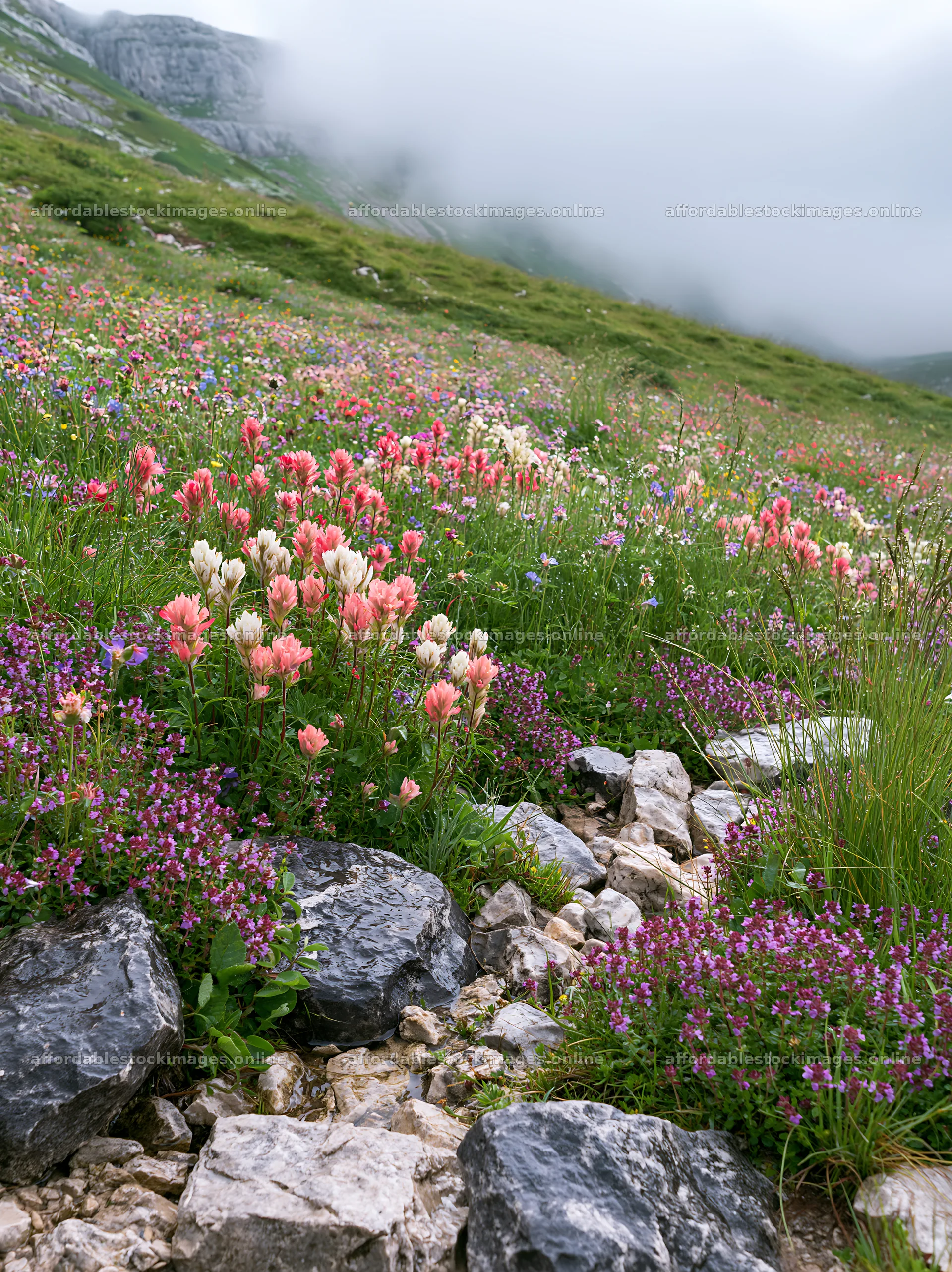 Cloudy dry flower meadow with colorful blooms and stones – stock images 6866x9174
