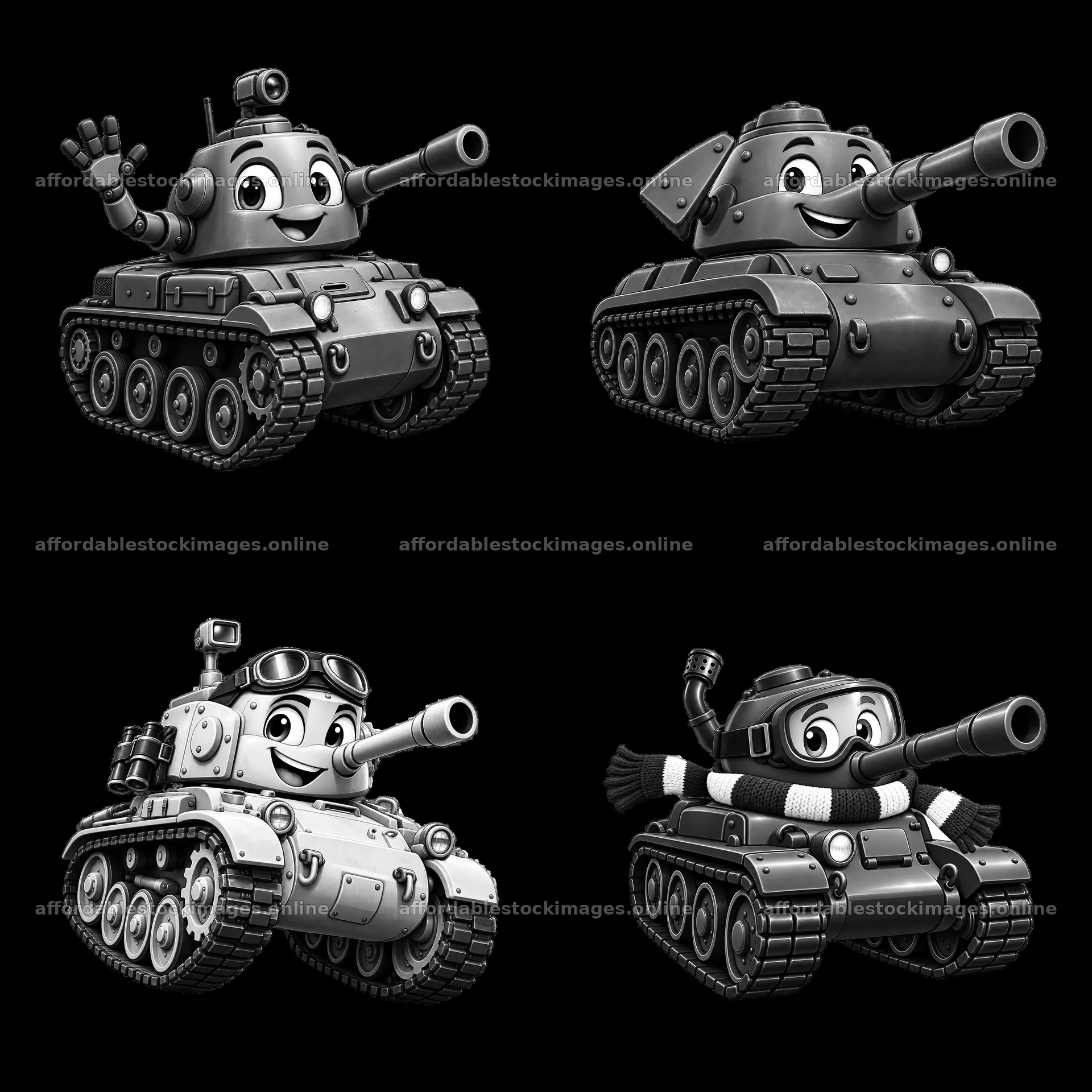Cartoon tanks with cheerful expressions in a 2x2 layout – stock images 7746x7746