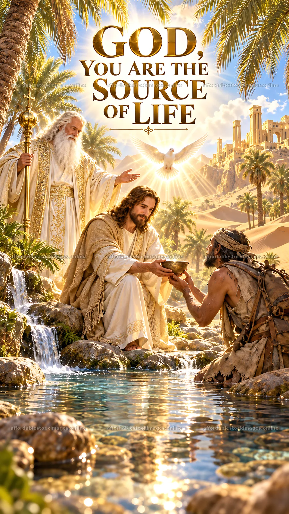 Jesus Christ comforting a suffering man in a desert setting – stock images 5811x10326