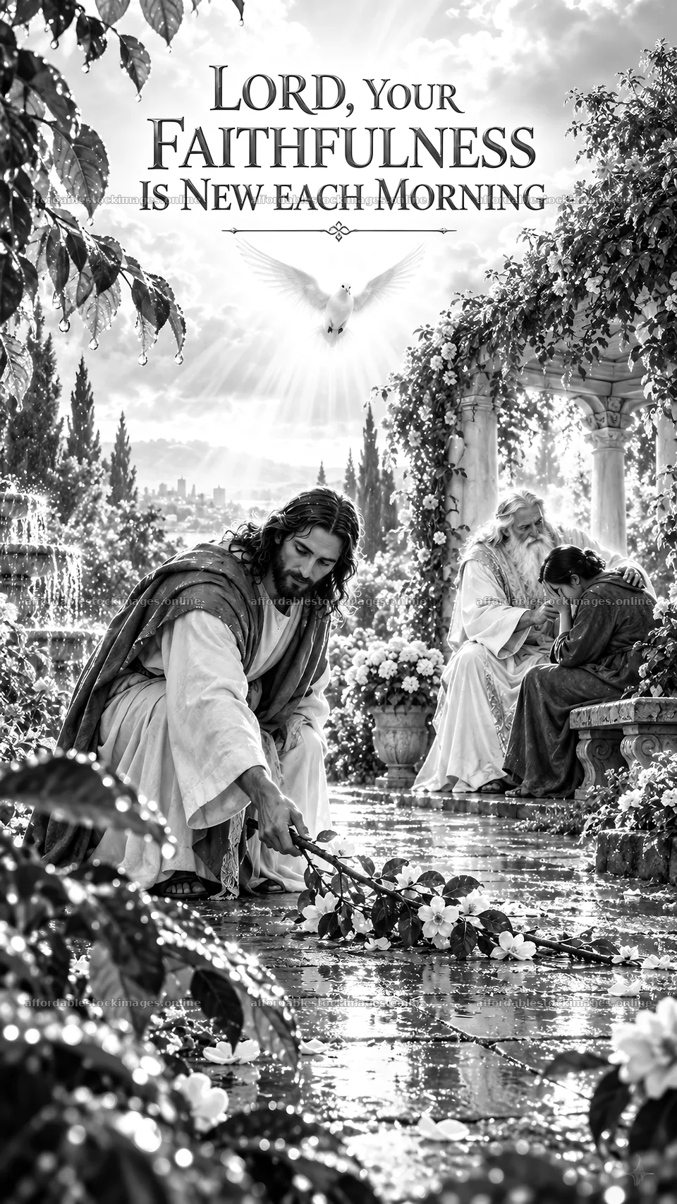 Jesus Christ tending to flowers in a garden setting – stock images 5811x10326