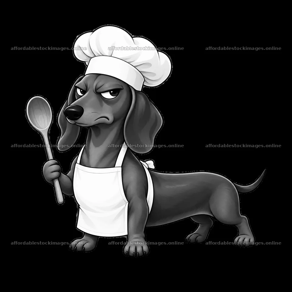 Grumpy dog chef holding a spoon in a kitchen setting – stock images 7746x7746