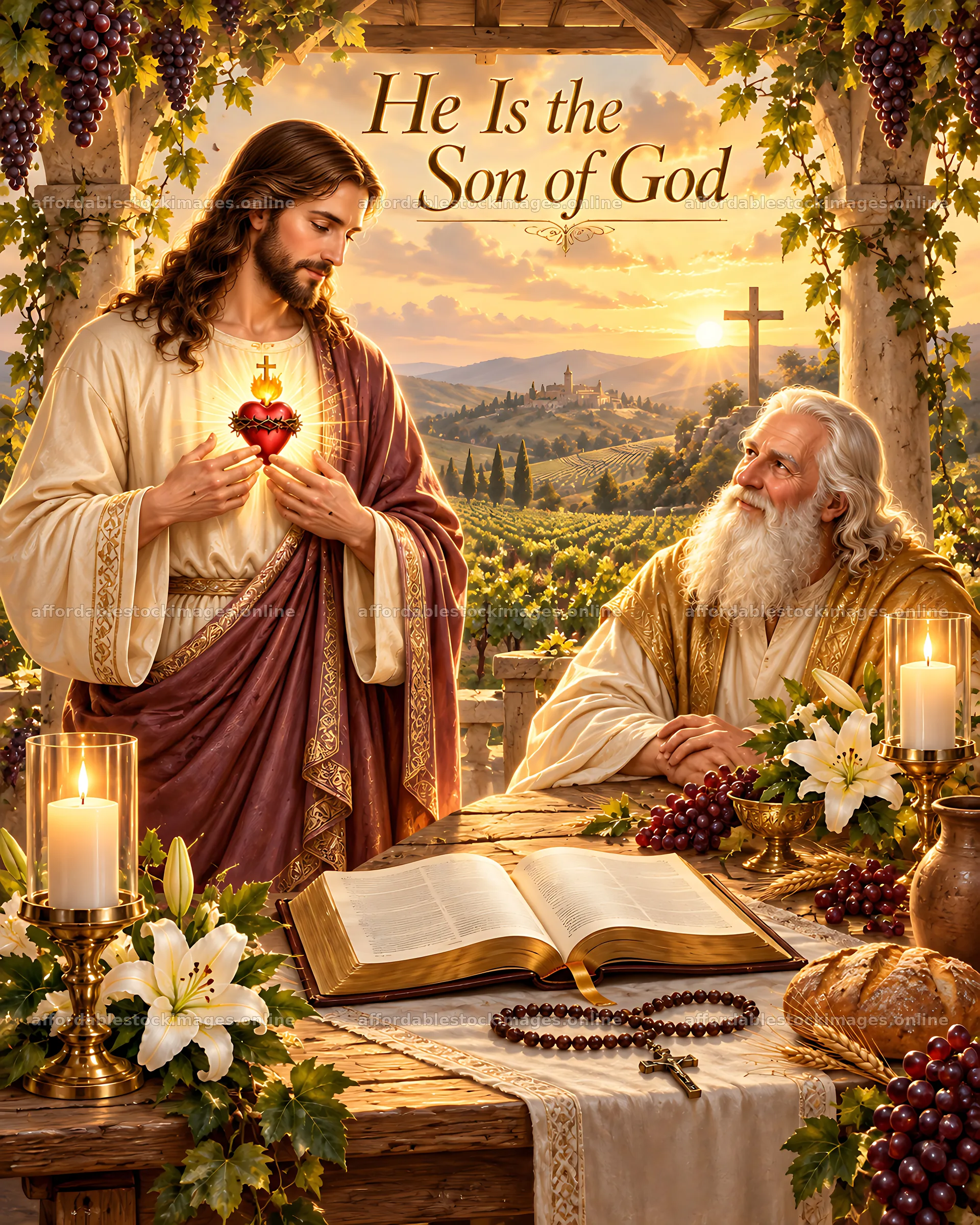 Son of God in the Vineyard with candles and scripture – stock images 7100x8872