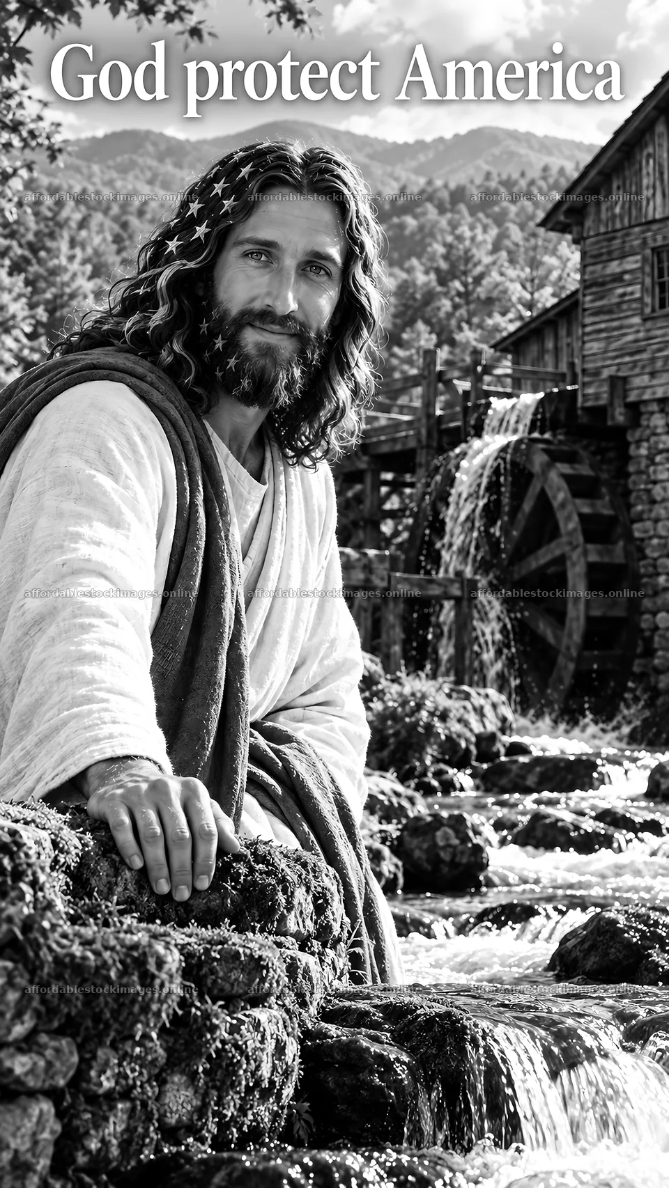 Jesus Christ by the waterwheel saying God protect America – stock images 5811x10326