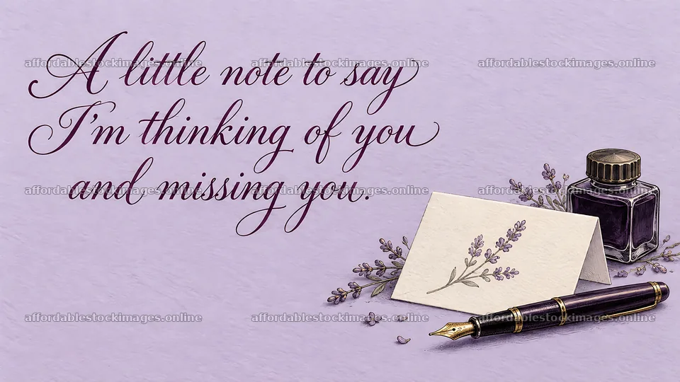 Lavender I Miss You Greeting with Fountain Pen – stock images 10324x5812